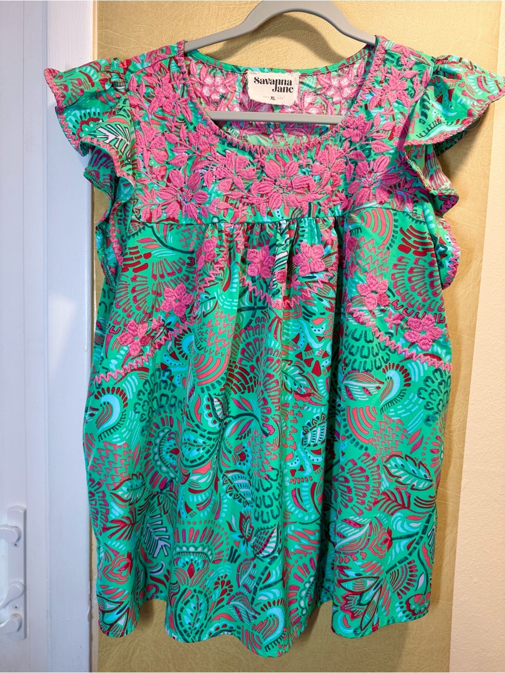 Savanna Jane Green blouse with Pink Floral Embroidery